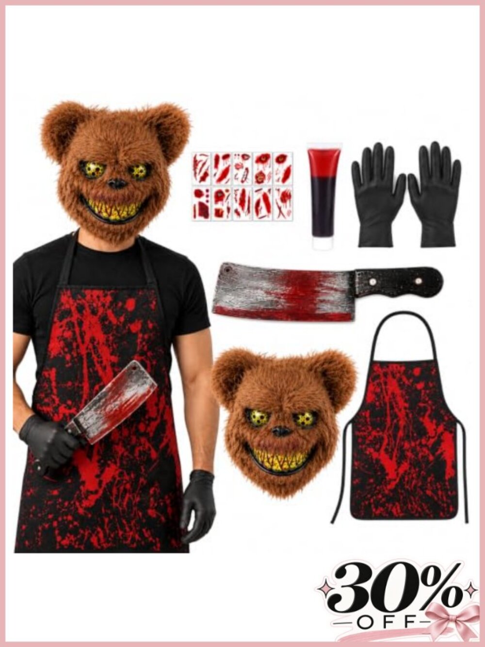 Adult Scary Bear Mask Butcher Costume Set PVC Synthetic Hair